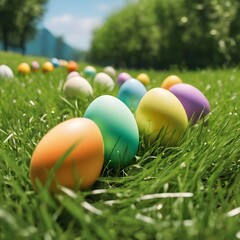 Fototapeta na wymiar Row of Easter eggs in Fresh Green Grass