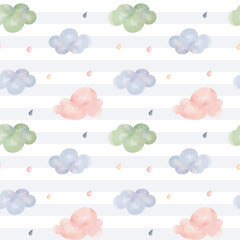 Cute childish wallpaper. Seamless pattern with watercolor clouds. Vector background in pastel colors