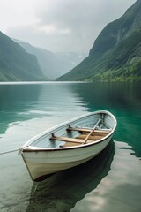 Naklejka na ściany i meble A lonely boat floats on the sea in the fjords of Norway