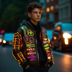 Young buy with neon jacket night town looking at the photographer