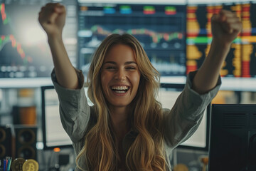 Happy woman trading stocks when the price goes up for stock trading. AI Generated