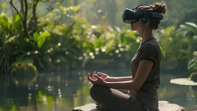 Woman meditates in nature in a virtual reality headset against a background of moving water and green plants. Concept: combining tranquility with VR technology.