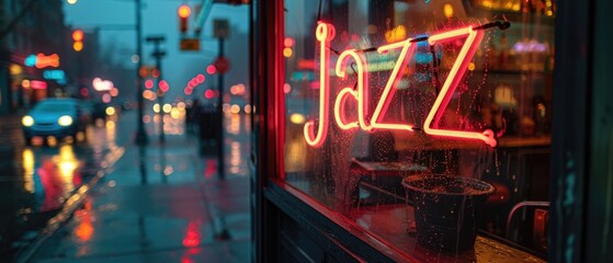 jazz bar window at the evening lights - obrazy, fototapety, plakaty