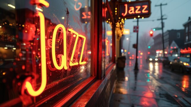 jazz bar window at the evening lights