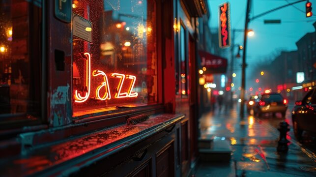 jazz bar window at the evening lights