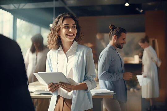 a successful promising PR manager girl is working on a tablet studying an order from a major modern fashion brand, she is happy and smiling