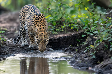 AI generated illustration of a leopard gazes at water's edge