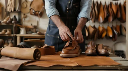 Deurstickers A cobbler customizes various roles using natural brown leather and works with textiles in the workshop © yganko