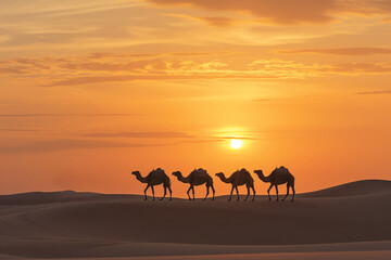 AI generated illustration of camels trekking through desert at sunset