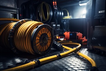 A detailed view of a detonation cord coiled neatly in an industrial setting, surrounded by safety gear and machinery under the harsh fluorescent lights