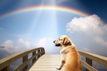 Pets' paradise with rainbow bridge, ethereal clouds, and sunshine for the afterlife. Generative AI - obrazy, fototapety, plakaty