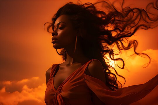 A photograph capturing the silhouette of a confident woman against a vibrant sunset, emphasizing her strength and determination, with customized orders available to enhance the uplifting atmosphere.