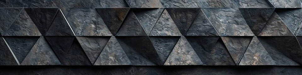 A wall with a slate texture, comprising 3D triangular panels in black.