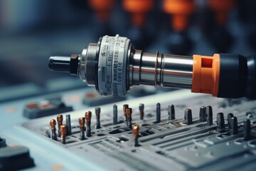 A Detailed Close-Up of a Connector Pin, Displayed Against the Backdrop of a Busy Industrial Workspace Filled with Various Mechanical Components