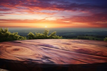 Naklejka premium Natures canvas Wooden table ready for product display at sunset