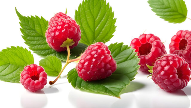 falling raspberry and leaves on isolated on white background. raspberries on white background