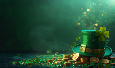 Banner with shiny green hat, gold coins and clover leaves. St. Patrick's Day concept, Generative AI - obrazy, fototapety, plakaty