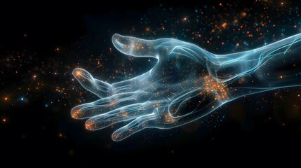 Digital hand hologram on dark background with copy space. Neural network connection. Communication with artificial intelligence. Created with Generative AI