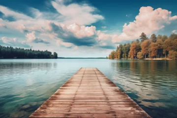 Poster A wooden pier extending into a vast lake surrounded by dense forest. This serene image captures the tranquility of nature and invites viewers to imagine themselves immersed in the peaceful ambiance ©  Princess Turandot