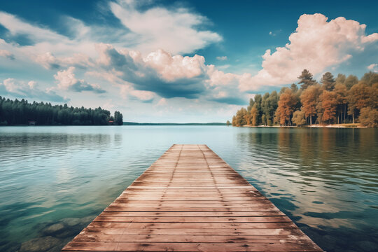 A wooden pier extending into a vast lake surrounded by dense forest. This serene image captures the tranquility of nature and invites viewers to imagine themselves immersed in the peaceful ambiance