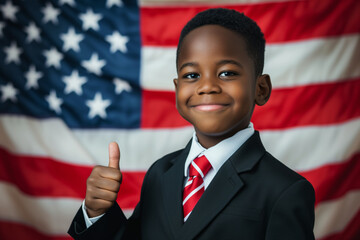 AI Generated Image Smart adorable African American boy in a suit and tie thumbing up against American flag USA election concept