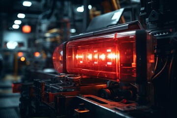 Close-up of a glowing red indicator light on a complex industrial machinery, set against the backdrop of a busy factory floor filled with various equipment - obrazy, fototapety, plakaty