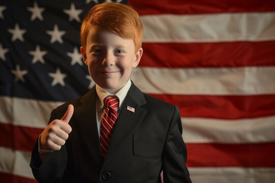 AI Generated Image Smart adorable redhead boy in a suit and tie thumbing up against American flag USA election concept
