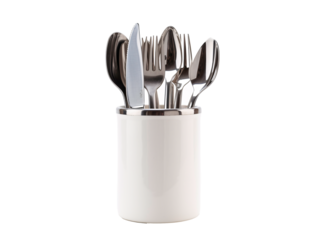 a white cup with silverware in it