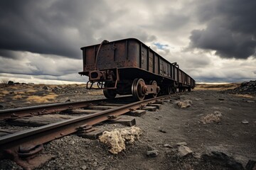 An old, rusty mine car filled with coal sits abandoned on the tracks, surrounded by a desolate industrial landscape under a cloudy sky