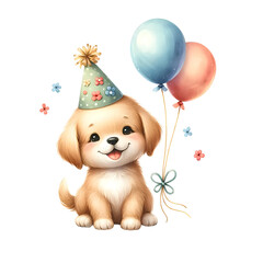 Happy Dog Birthday Party. Watercolor Illustration Clipart.