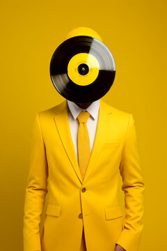 Vibrant concept with vinyl record head and yellow suit Generative AI image