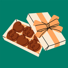Chocolate candies in a box with bow. Candies, sweets in box. Tasty cocoa products. Hand drawn trendy Vector illustration. Sweet, delicious dessert. Isolated design element. Present, gift concept