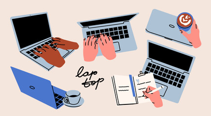 Naklejki  Human hands typing on laptop keyboard, hand writing in notebook. Laptops with hands, coffee cup. Computing, working online, freelancing, education concept. Hand drawn isolated Vector illustrations