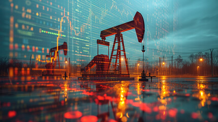 Illuminated oil pumpjack with data overlay at twilight Generative AI image