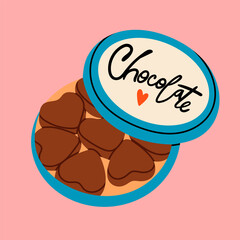 Chocolate candies in round box. Heart shaped candies in a box. Tasty cocoa products. Hand drawn trendy Vector illustration. Sweet, delicious dessert. Isolated design element. Present, gift concept