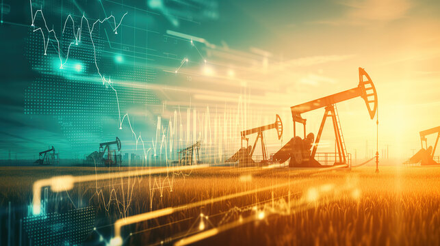 Oil pumpjacks and energy market dynamics at sunset Generative AI image