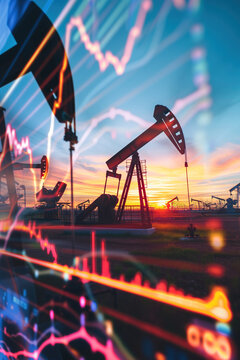 Oil pump jack silhouette against twilight with stock graph overlay Generative AI image