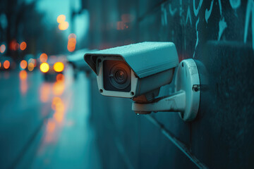 Urban surveillance camera watching over rainy city street Generative AI image