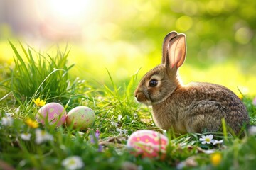 Fototapeta na wymiar Easter bunny and easter eggs on green grass with flowers. Happy Easter Day background