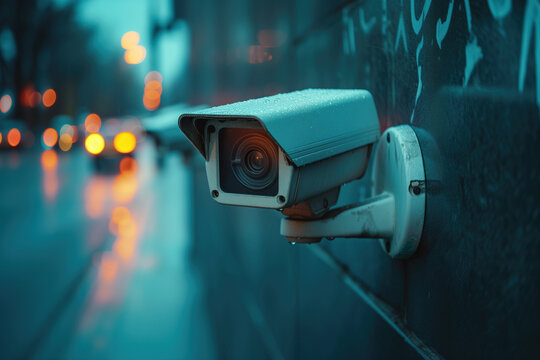 Urban surveillance camera watching over rainy city street Generative AI image