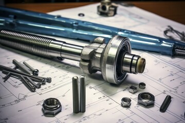 Close-up shot of a new, shiny tie rod end placed on a wooden table with blueprints and engineering tools in the background - obrazy, fototapety, plakaty