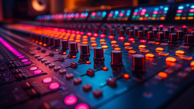 Professional sound studio scene Sophisticated professional mixing console, live broadcast, music production
