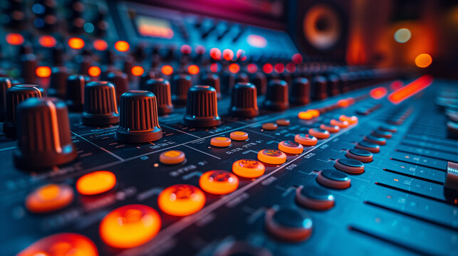 Professional sound studio scene Sophisticated professional mixing console, live broadcast, music production