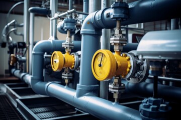 Detailed view of an industrial engine coolant system with visible pipes, valves, and gauges against a background of concrete walls and steel beams