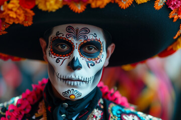 Colorful Day of the Dead celebration makeup and attire Generative AI image