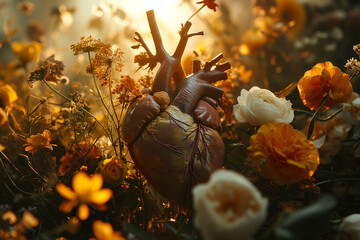 Generative AI illustration of anatomical human heart model nestled among a vibrant assortment of blooming flowers, illuminated by a warm, golden light