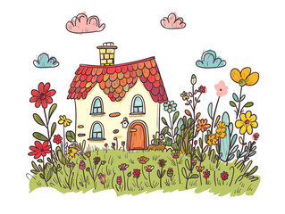 Illustration of a house with clouds and lawn in hand drawn style on a white background for a greeting card