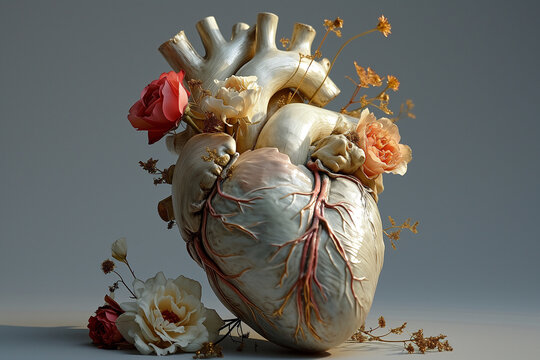 Generative AI illustration of realistic human heart model adorned with a delicate arrangement of roses and flowers, set against a soft grey background