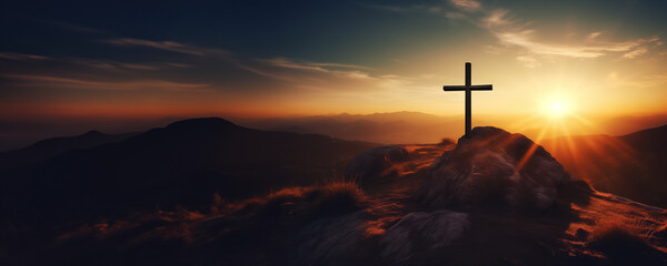 Christian cross banner of a wooden cross on hilltop with copy space - obrazy, fototapety, plakaty