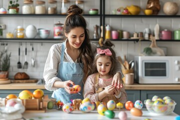 mother and daughter paint Easter eggs